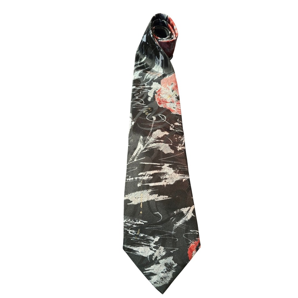 Retro Design Studios Abstract Floral Brushstroke Necktie Black Red Grey Artistic